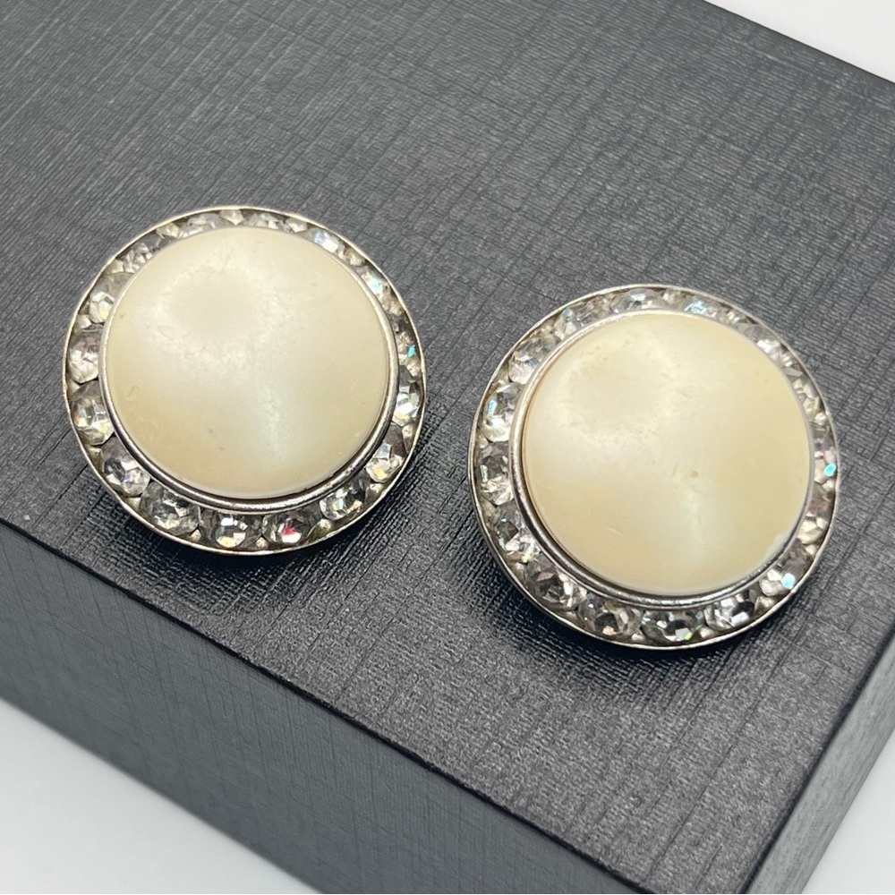 Coro VTG 50's MCM Pearl Crystal Clip On Earrings Signed 1"